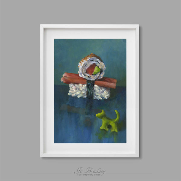 Sushi Boy and Wasabi Dog on a teal and indigo blue. This archival art print of my food still life oil painting is shown in simple white picture frame.
