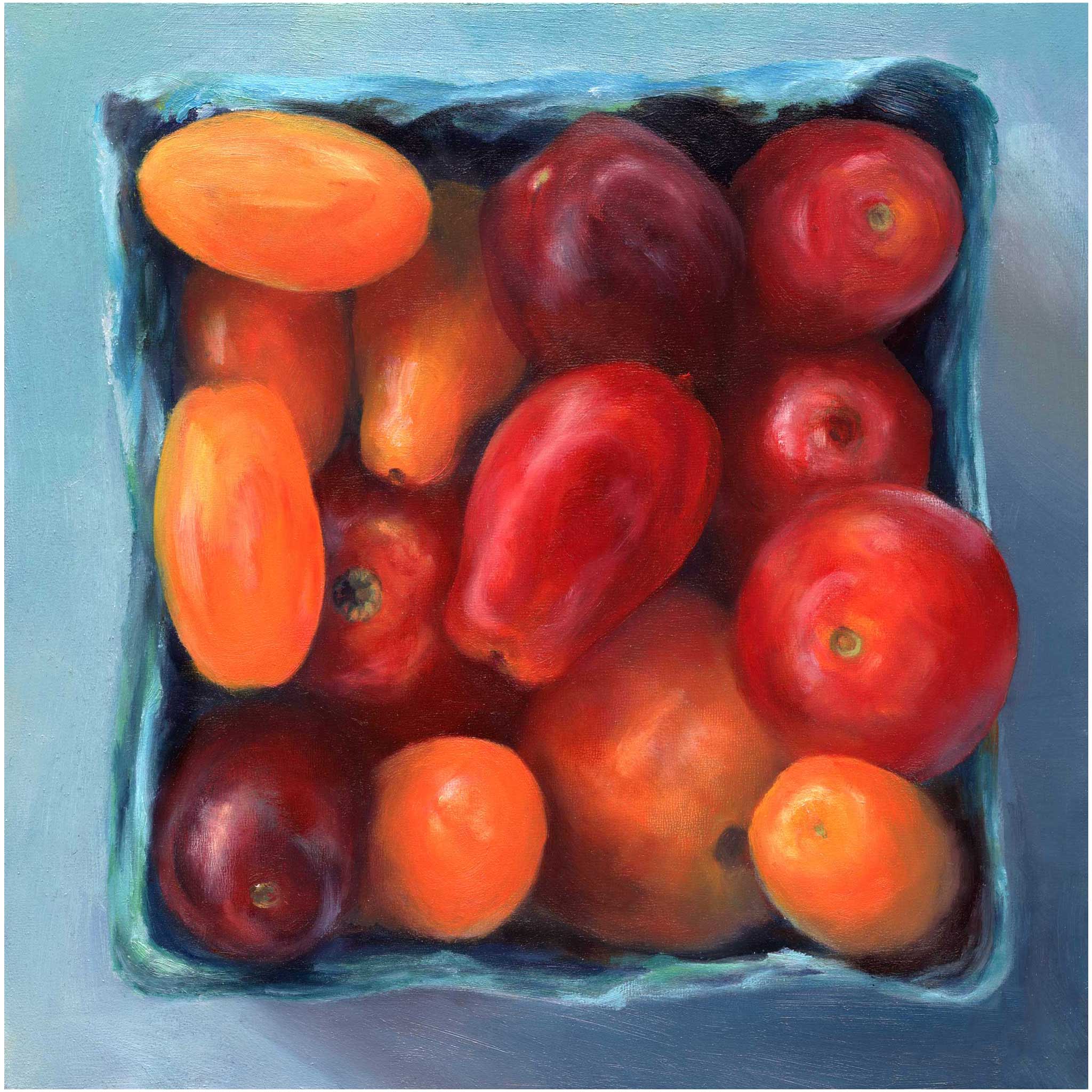 red, orange and yellow heirloom cherry tomatoes in a blue geen farmers market box. This is an art print of a vegetable still life oilpainting by Jo Bradney