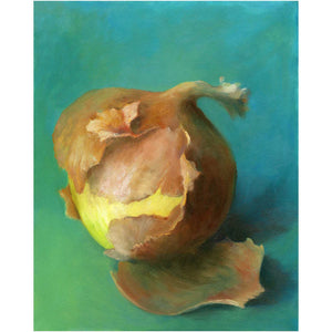 A yellow onion sheds its warm brown skin on a rich turquoise green background. This is a giclee art print of my vegetable still life oil painting by Jo Bradney