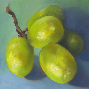 A bunch of white grapes on a aqua blue-green background. This is a giclee print of my realistic oil painting fruit still life. The original artwork by Jo Bradney is sold.