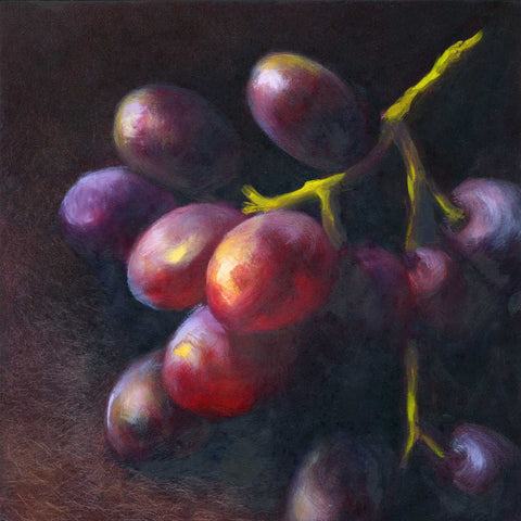 A bunch of red and purple grapes emerges from a dark background. This is a print on archival paper of my realistic oil painting fruit still life. The original artwork is sold.