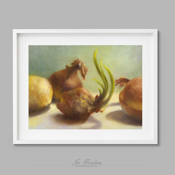 Yellow and brown onions on a soft sage green background. This archival art print of my vegetable still life oil painting is shown in simple white picture frame.